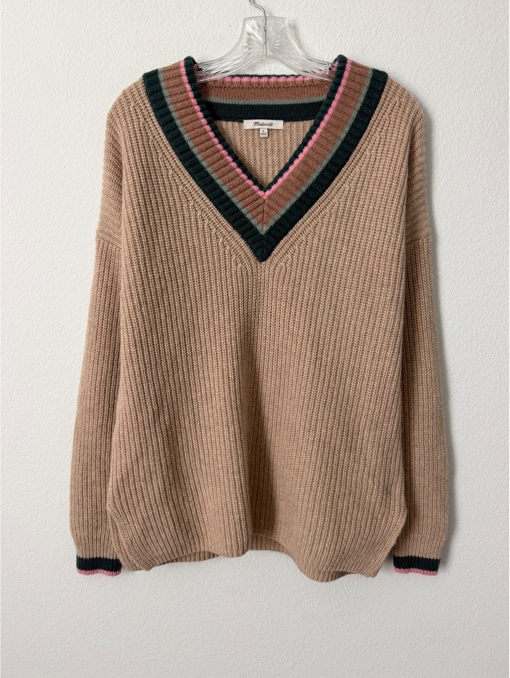 Madewell Long Sleeve V-Neck Wool Blend Stripe Trim Ribbed Knit Sweater Size M